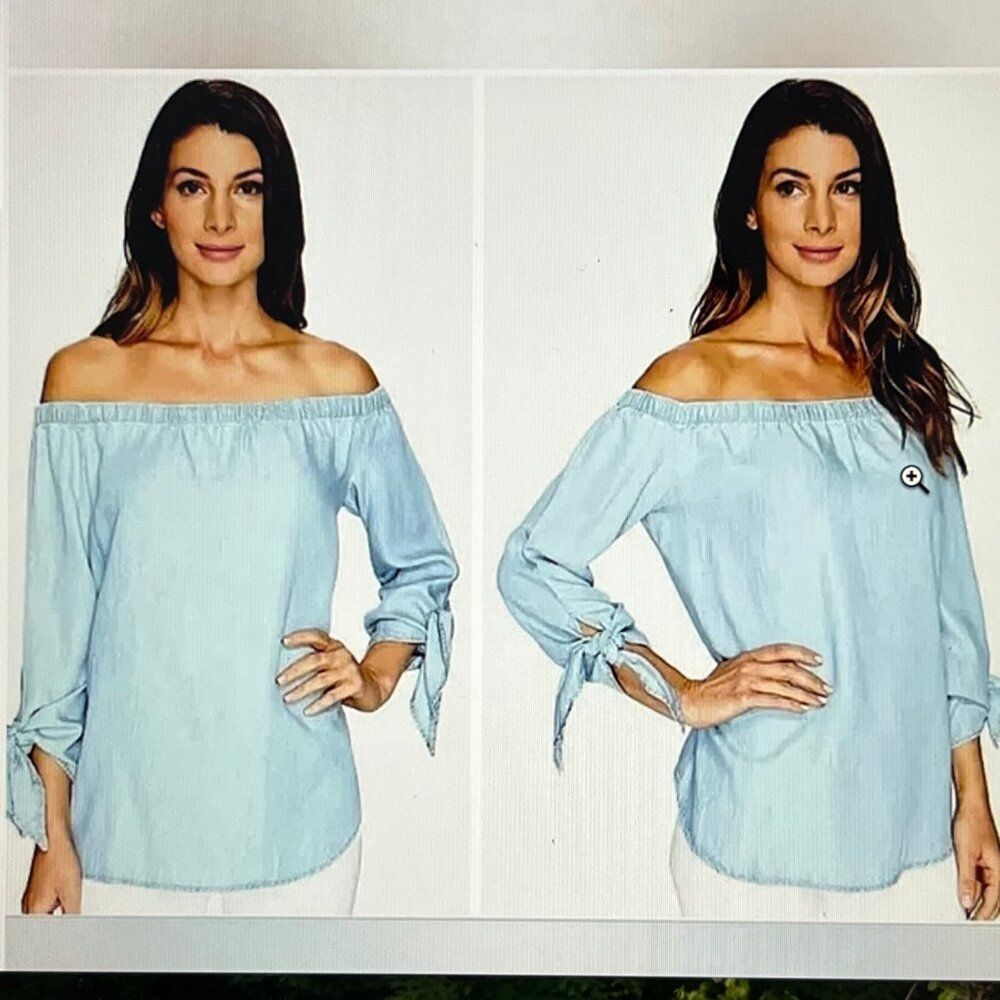 NWT Karen Kane Light Blue Chambray Off Shoulder Tie Sleeve Top Tencel Size Sm